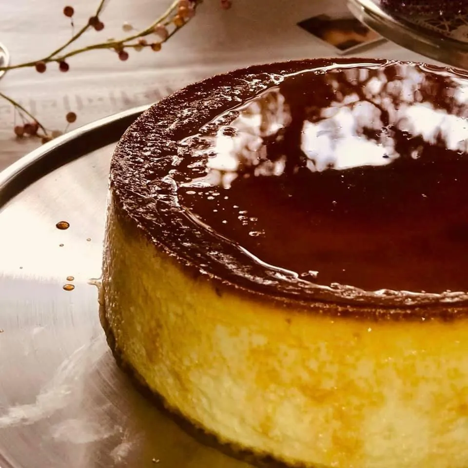 flans & cakes Close-up of a flan with a glossy caramel top