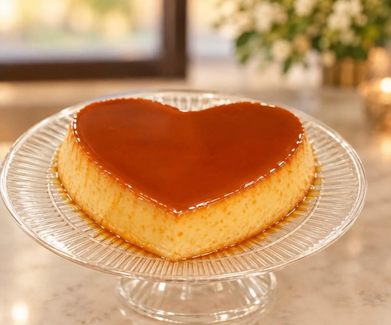 flans & cakes Heart-shaped flan on a glass cake stand