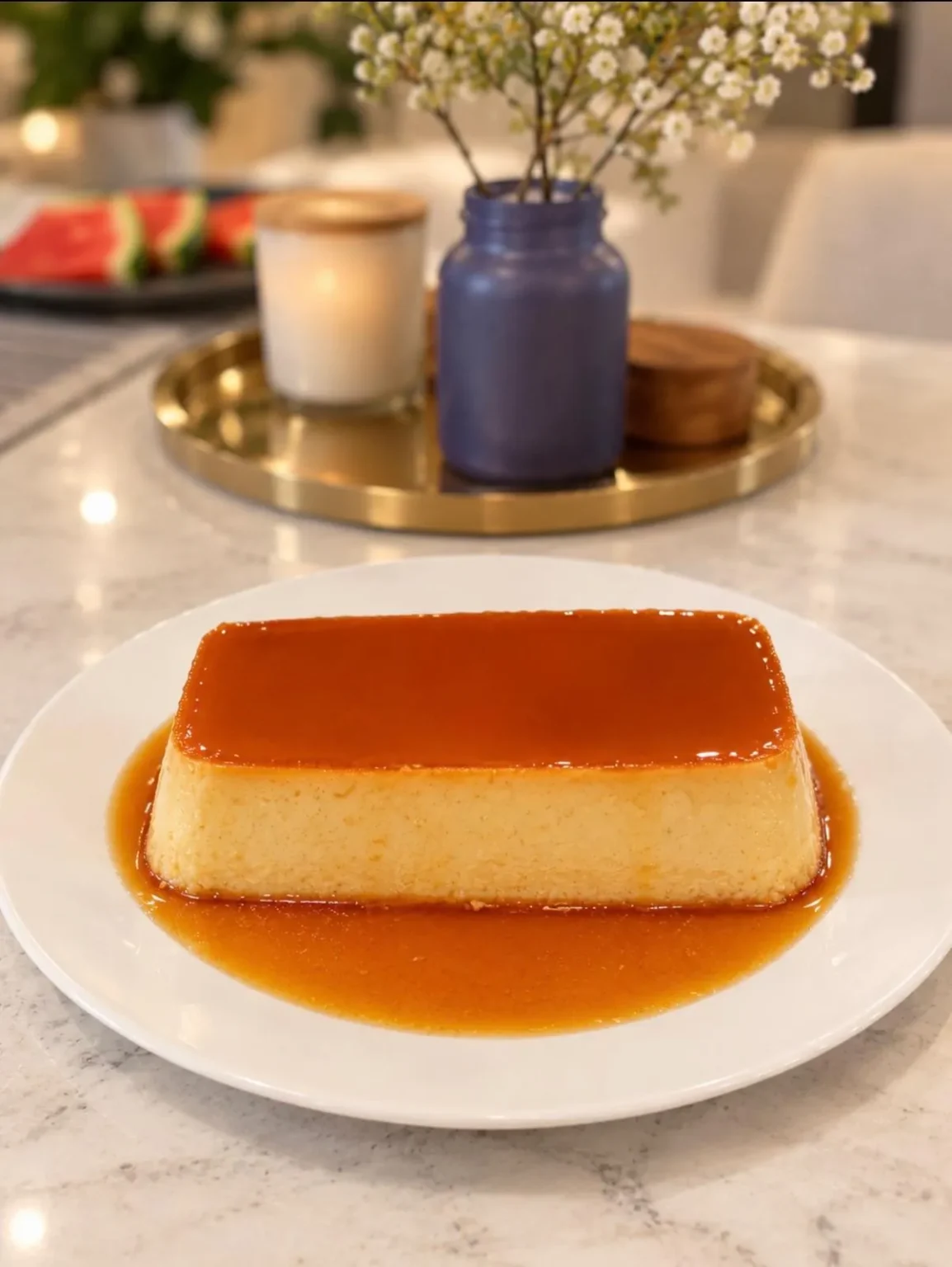 Rectangular flan with caramel sauce