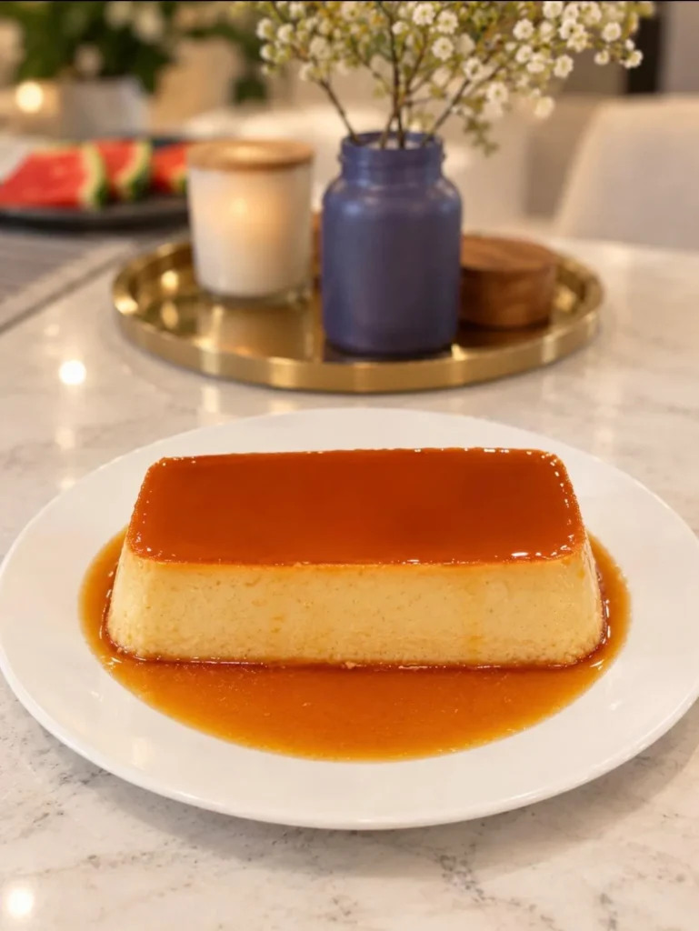 Rectangular flan with caramel sauce