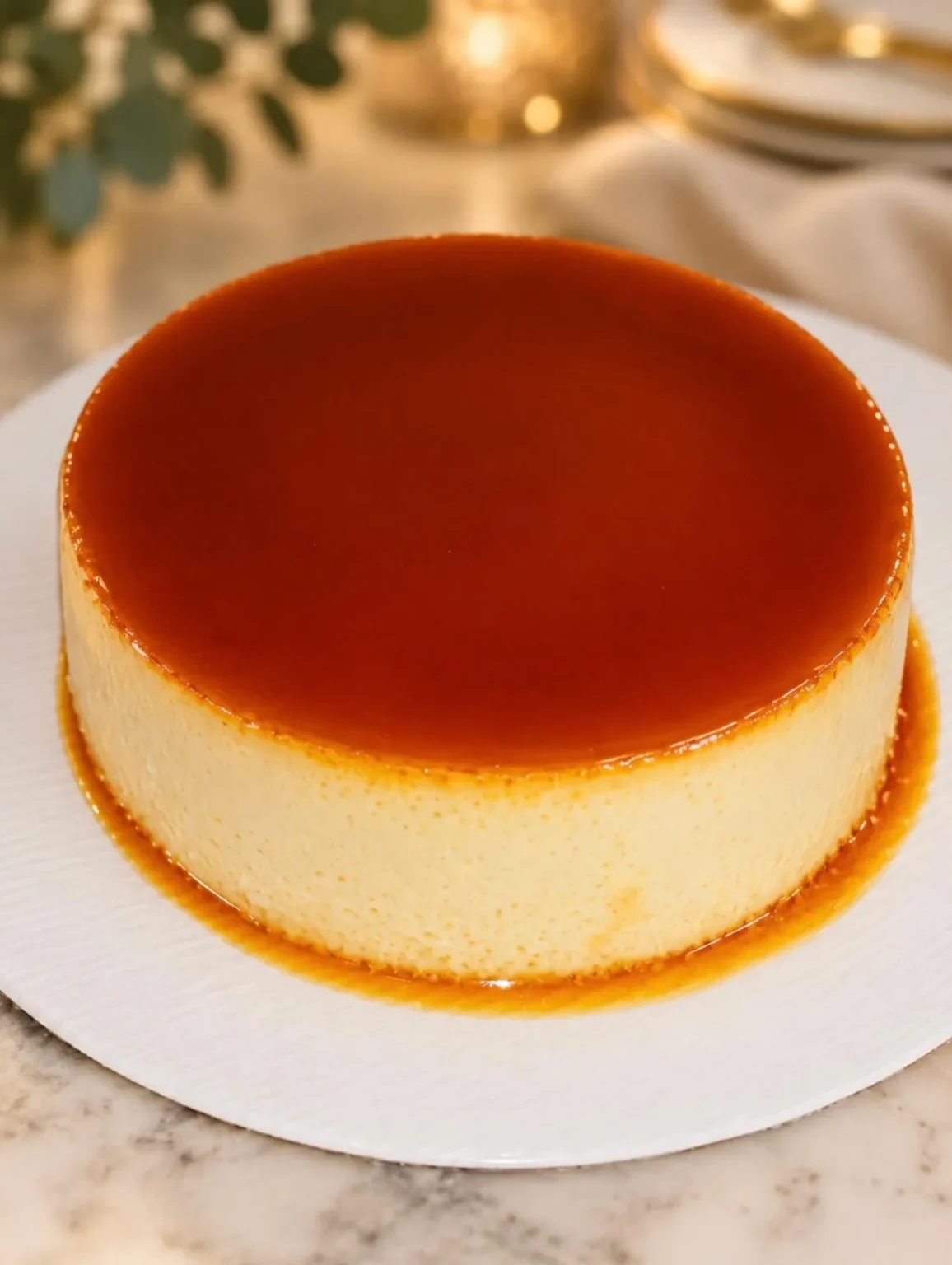 Round flan with caramel sauce