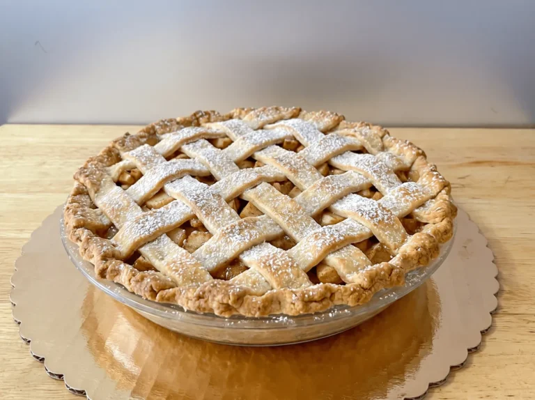 Apple pie with a lattice crust on a gold cake board