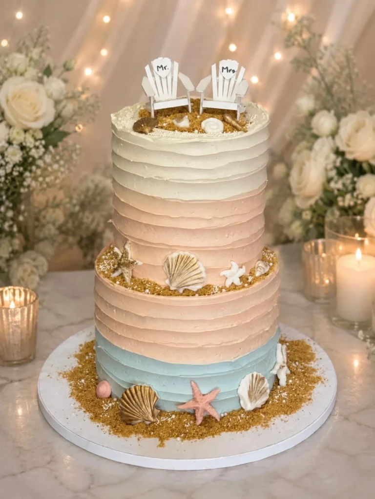 flans & cakes Three-tier beach wedding cake in peach and blue with sugar shells and sand