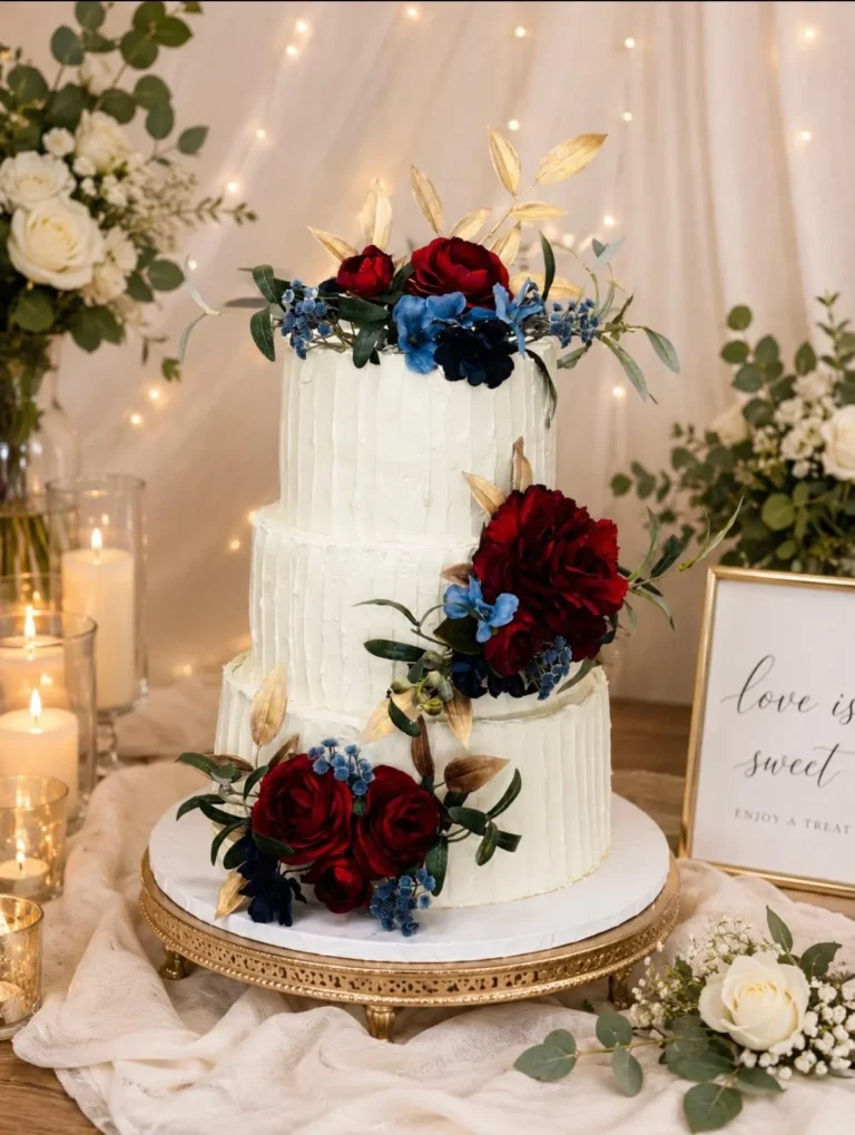 Three-tier white wedding cake with burgundy and navy flowers on a gold stand