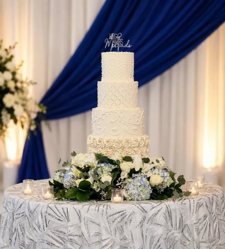 Four-tier ivory lace wedding cake on a floral table with a navy backdrop