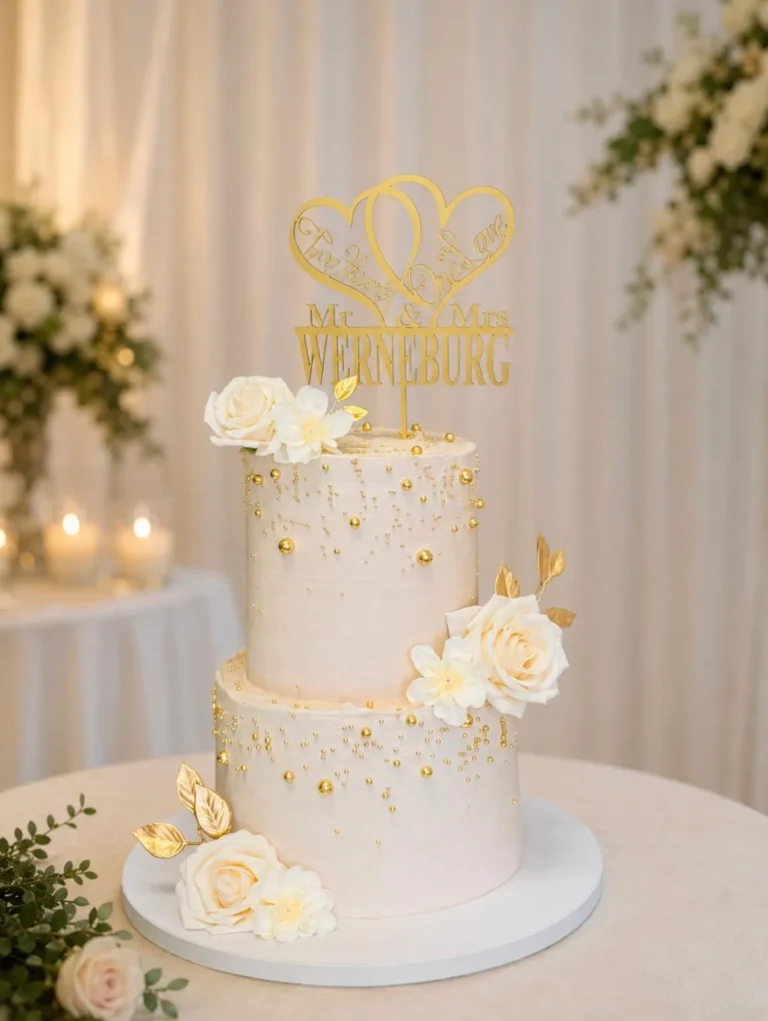 Two-tier white wedding cake with gold leaf, white sugar roses and a gold monogram topper