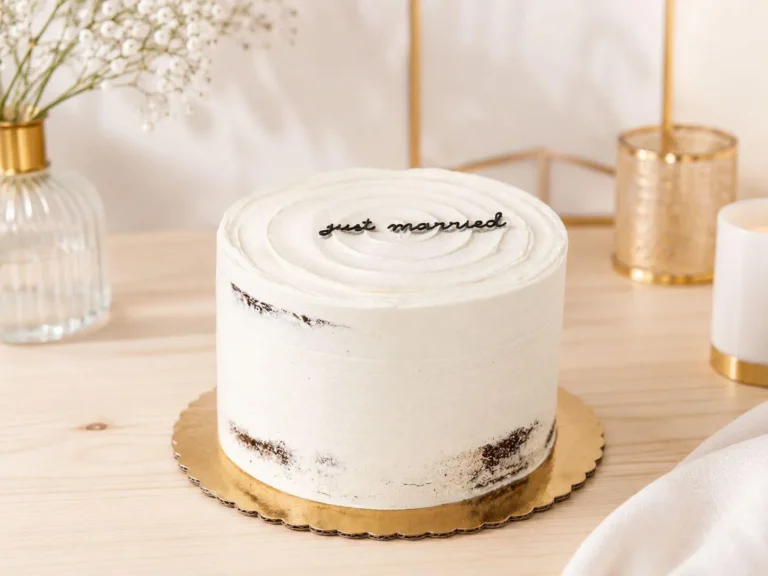 Single-tier semi-naked cake piped with just married