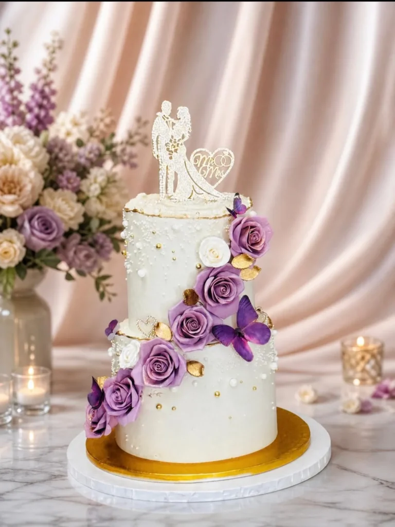Two-tier white wedding cake with lavender orchids and a couple topper