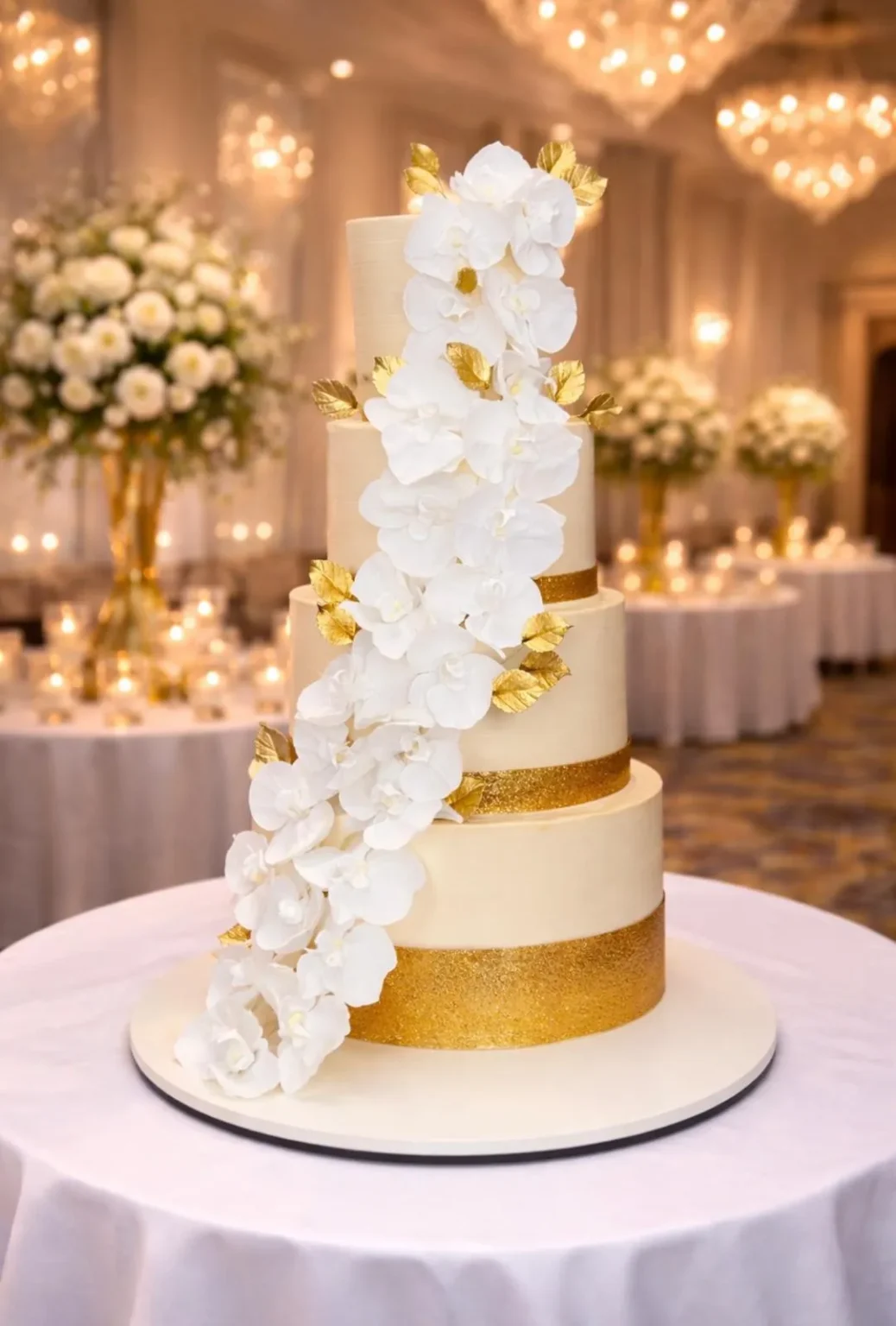 Four-tier wedding cake with a white orchid cascade and gold bands in a ballroom