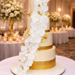 Four-tier wedding cake with a white orchid cascade and gold bands in a ballroom