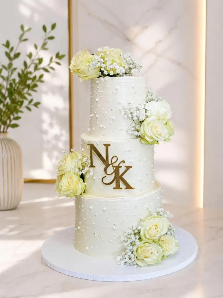 Three-tier white cake with pearl dots, a gold N and K monogram and pale yellow roses