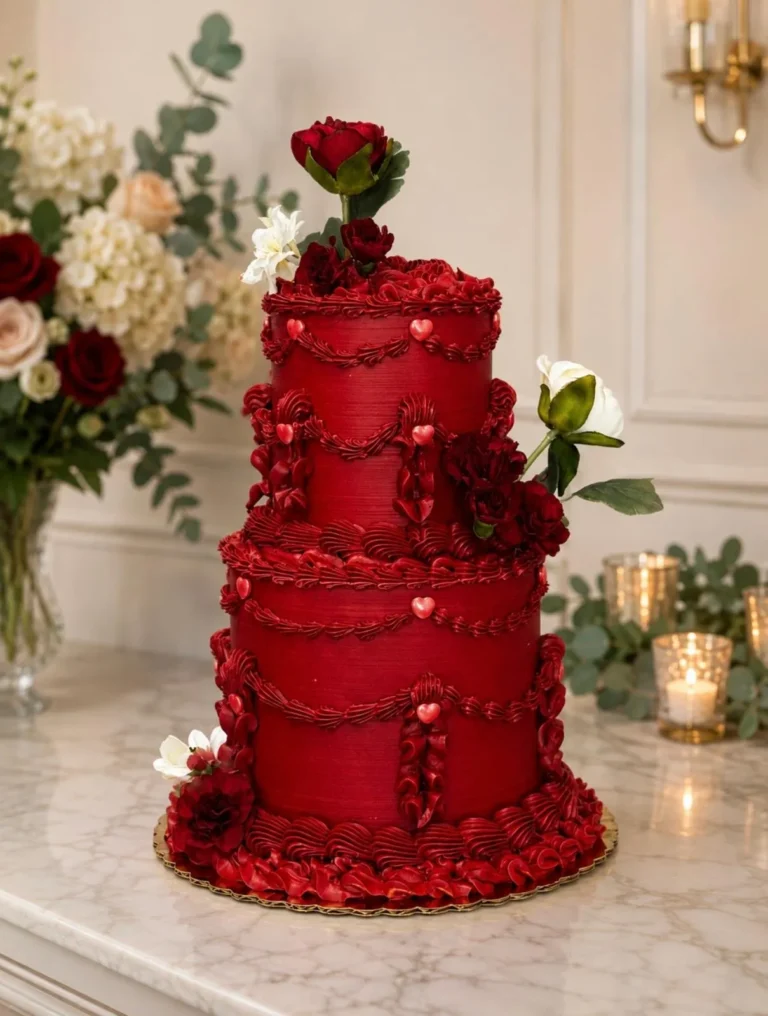 Three-tier red wedding cake with vintage heart piping and red roses
