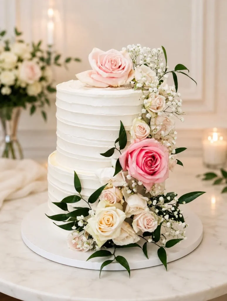 Three-tier ribbed buttercream wedding cake with a cascade of pink and ivory roses