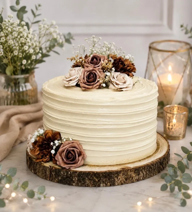 Single-tier ribbed buttercream cake with mauve roses on a wood slice