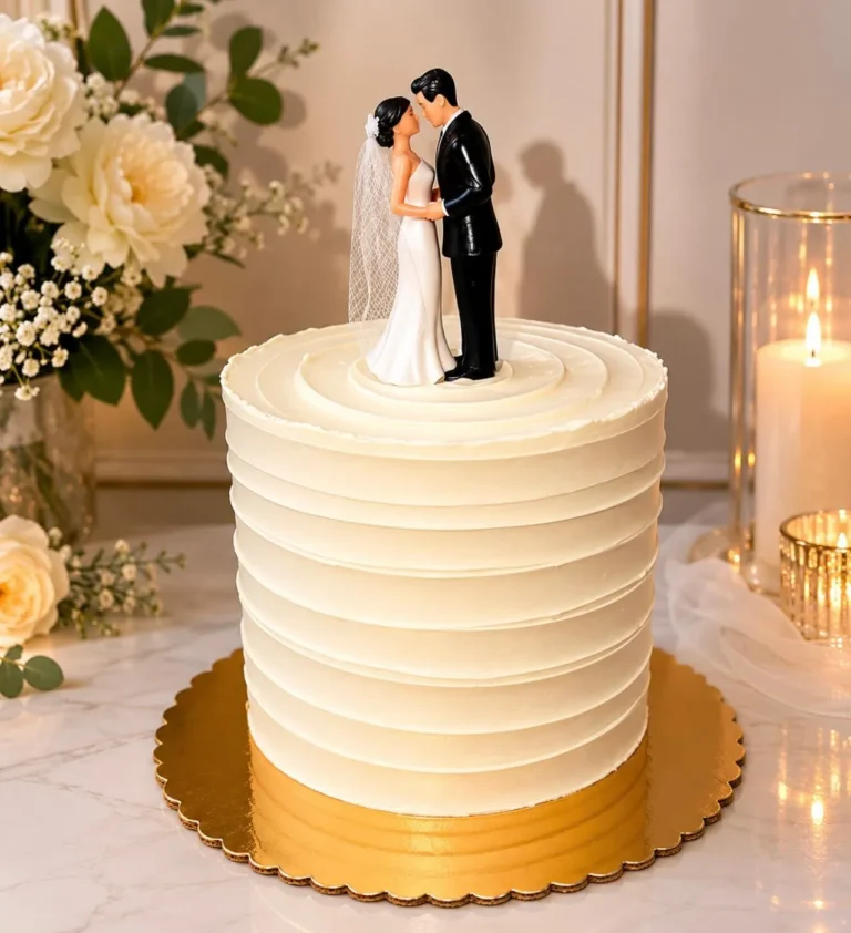 Tall ribbed buttercream cake with a classic bride and groom topper