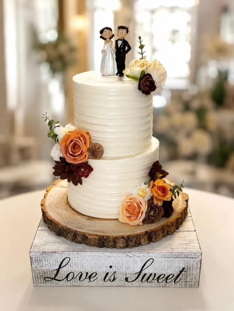 Two-tier rustic wedding cake with orange roses and a bride and groom topper on a wood slice