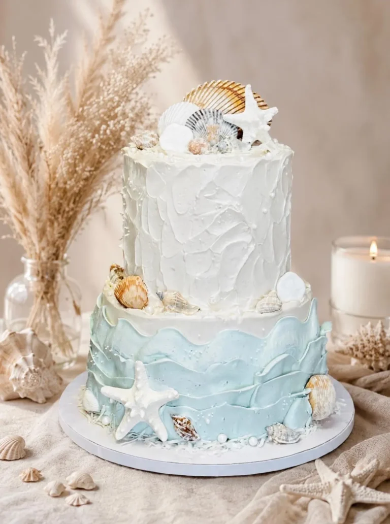 Two-tier seashell wedding cake with blue buttercream waves