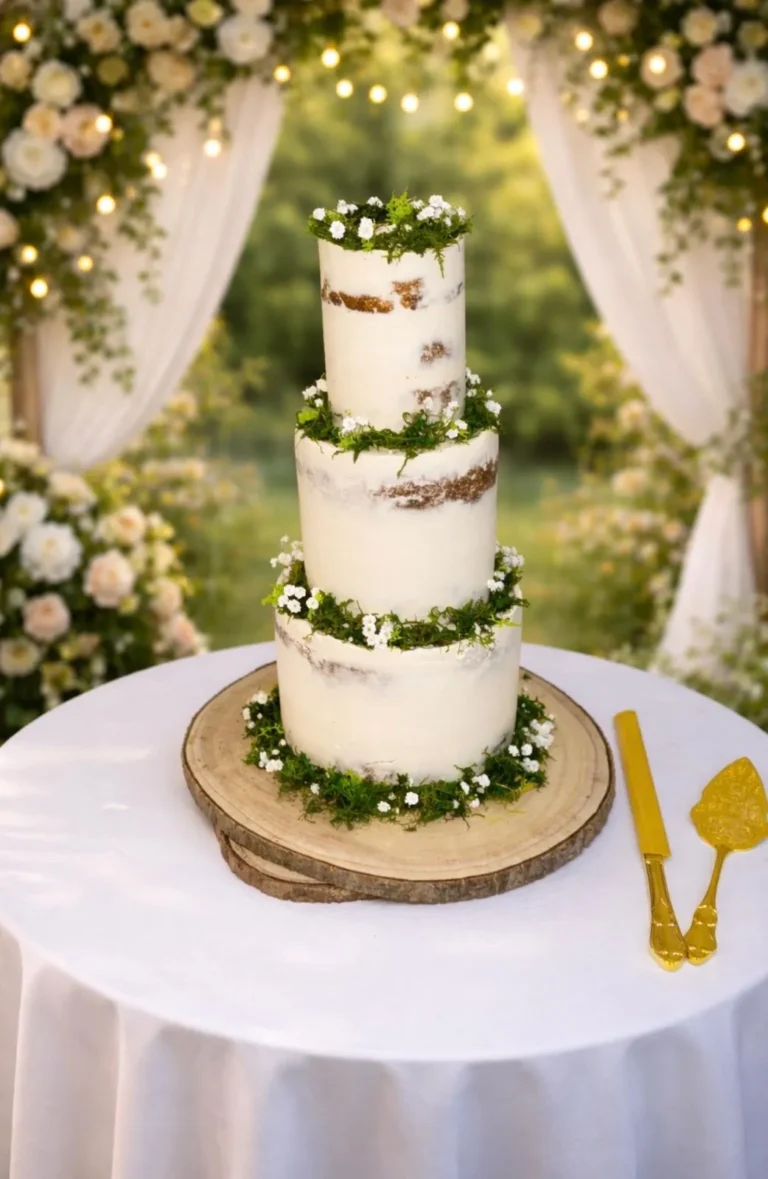 Four-tier semi-naked garden wedding cake with greenery on a wood slice