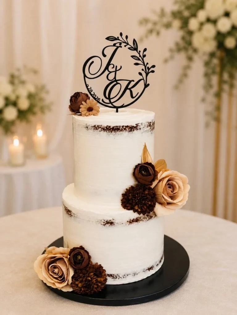 Two-tier semi-naked wedding cake with rust and burgundy roses and a monogram topper