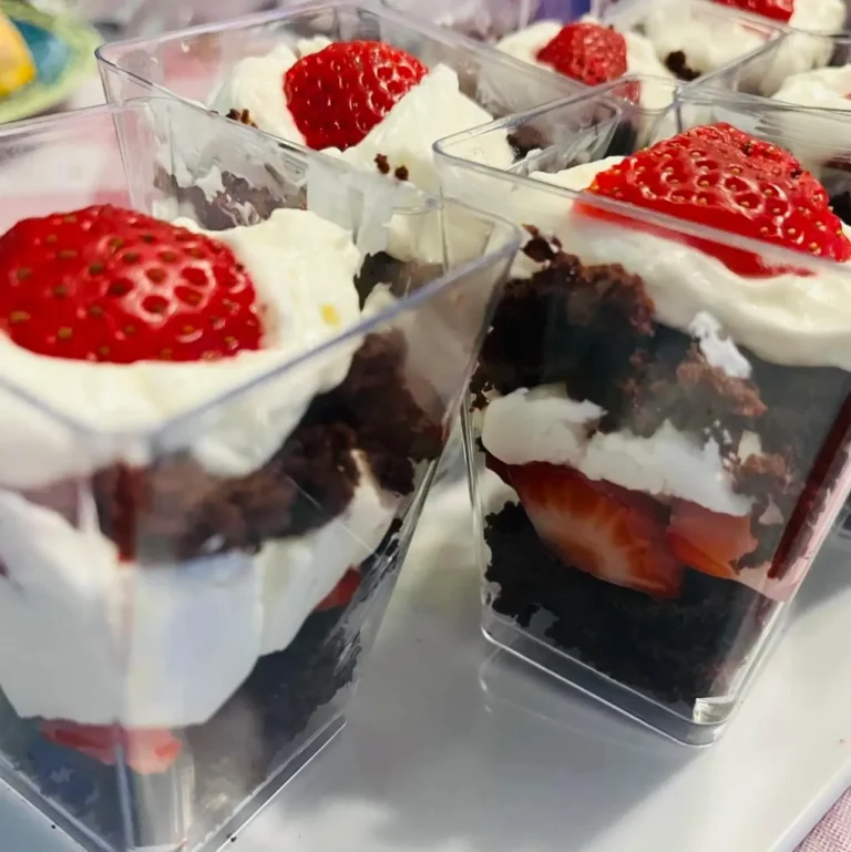 flans & cakes Chocolate and strawberry dessert cups for a wedding dessert table