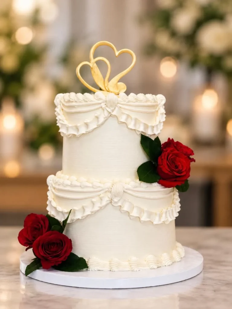 Two-tier white wedding cake with piped buttercream drapes, red roses and a gold heart topper