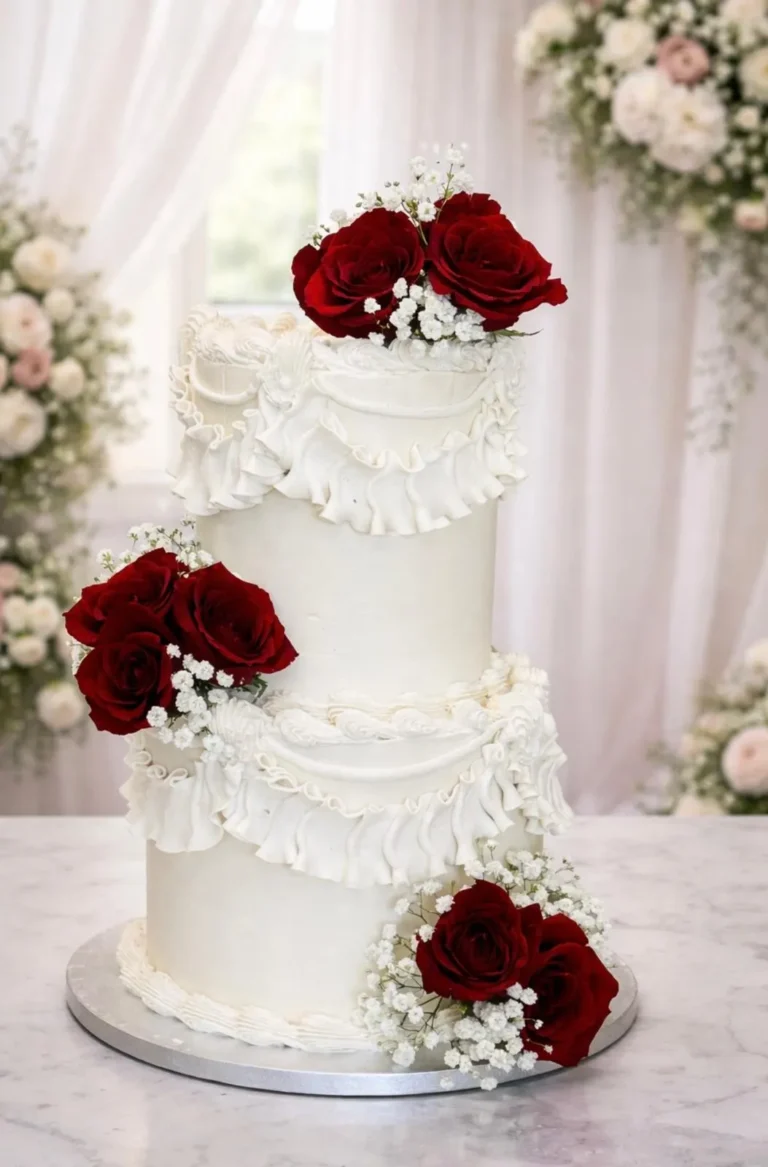 flans & cakes Two-tier vintage piped wedding cake with red roses and baby's breath