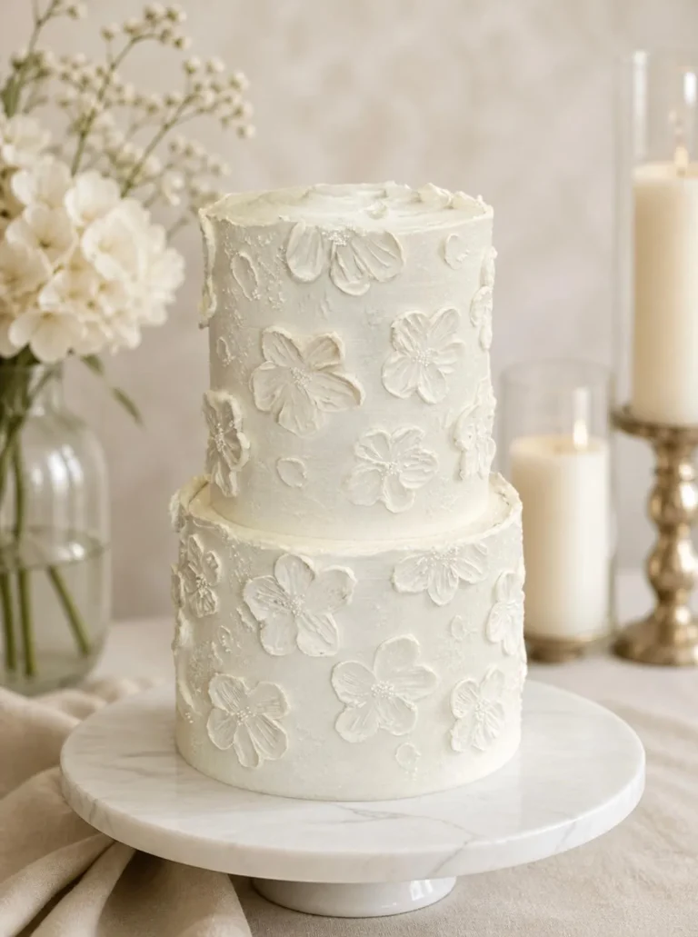 Two-tier white wedding cake with embossed buttercream flowers