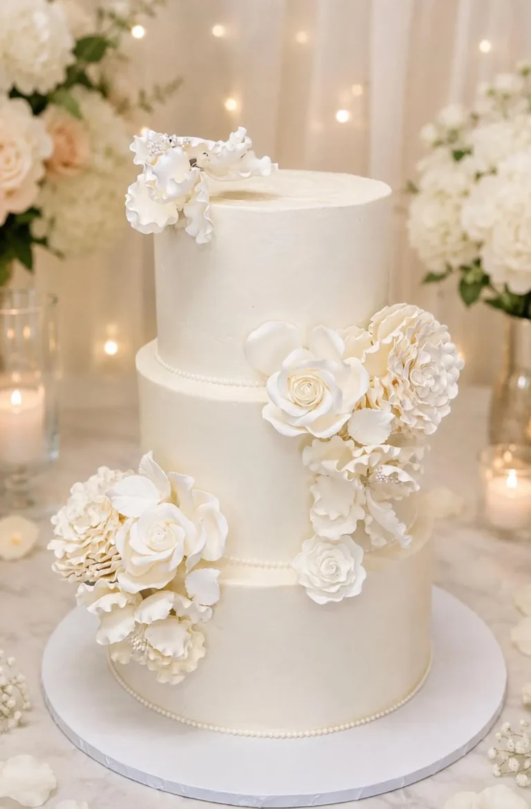 Three-tier all-white wedding cake with white sugar flowers