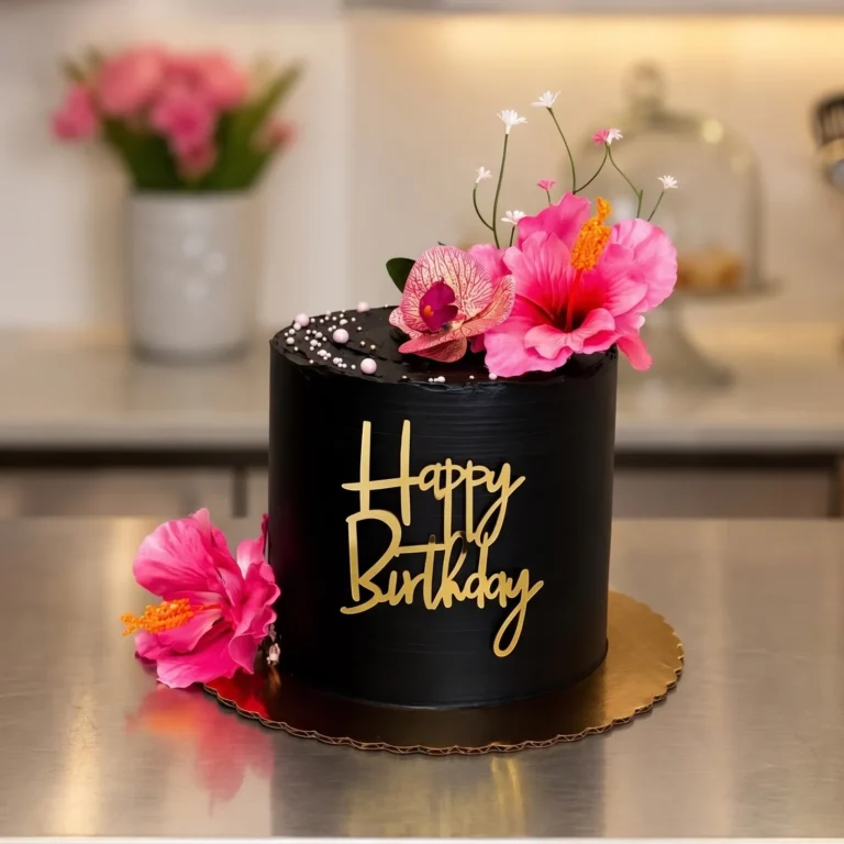 Black birthday cake with pink hibiscus and orchid flowers and a gold "Happy Birthday" sign