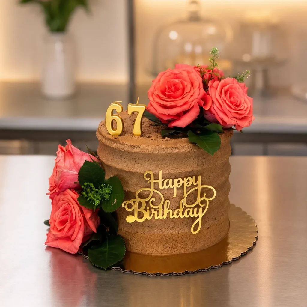 Chocolate 67th birthday cake with coral roses and a gold "Happy Birthday" sign