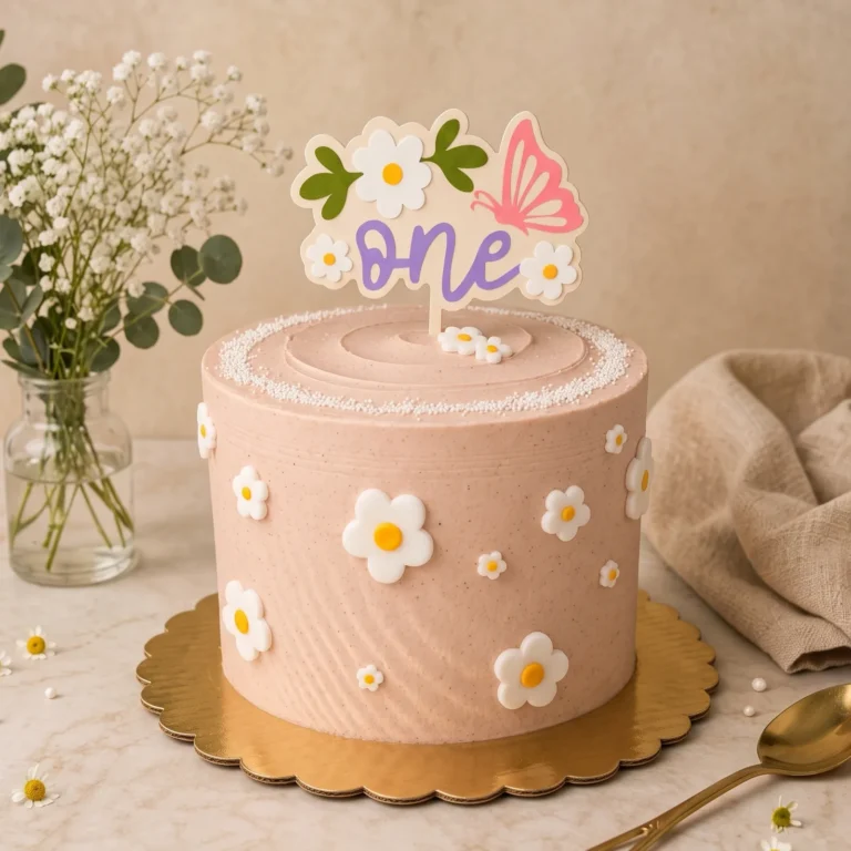 Pink first birthday cake with white daisies and a "one" topper with a butterfly