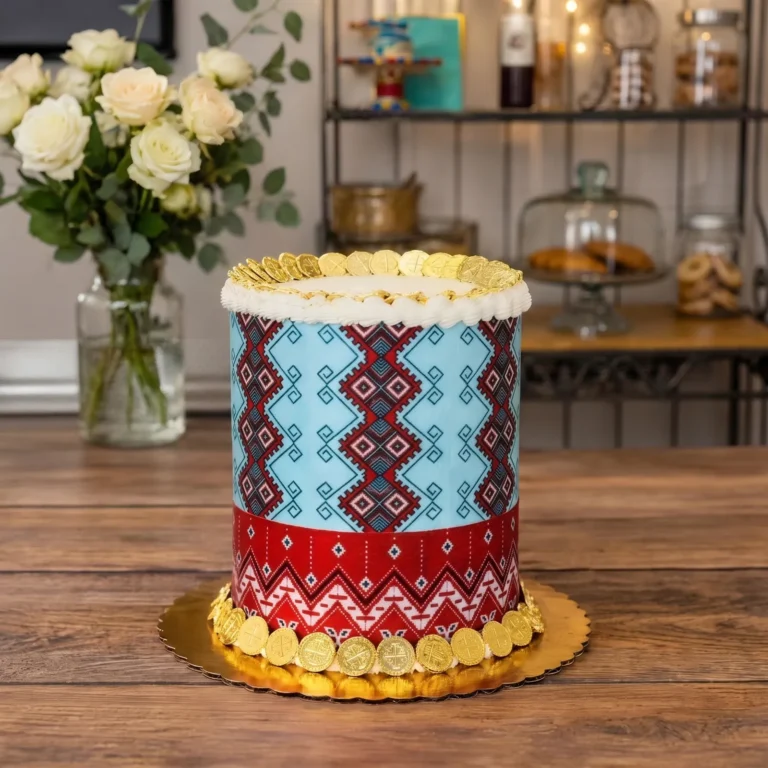 Tall cake with a blue and red folk embroidery pattern and gold coin trim