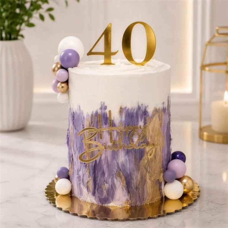Tall 40th birthday cake with purple and gold brush strokes and a gold "Happy Birthday" sign