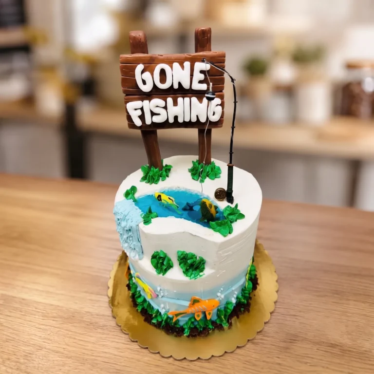 Fishing theme cake with a "Gone Fishing" sign, a fishing rod, a blue pond and colorful fish