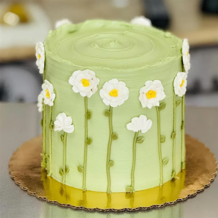 Green birthday cake with white buttercream daisies on long stems