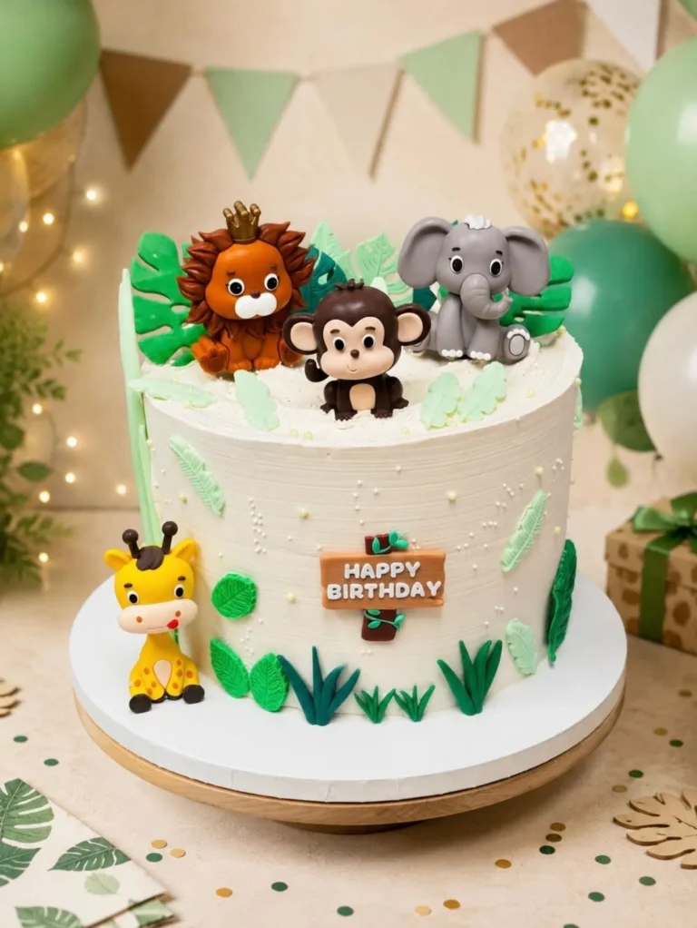 White kids birthday cake with a fondant lion, monkey, elephant and giraffe, green leaves and a "Happy Birthday" sign