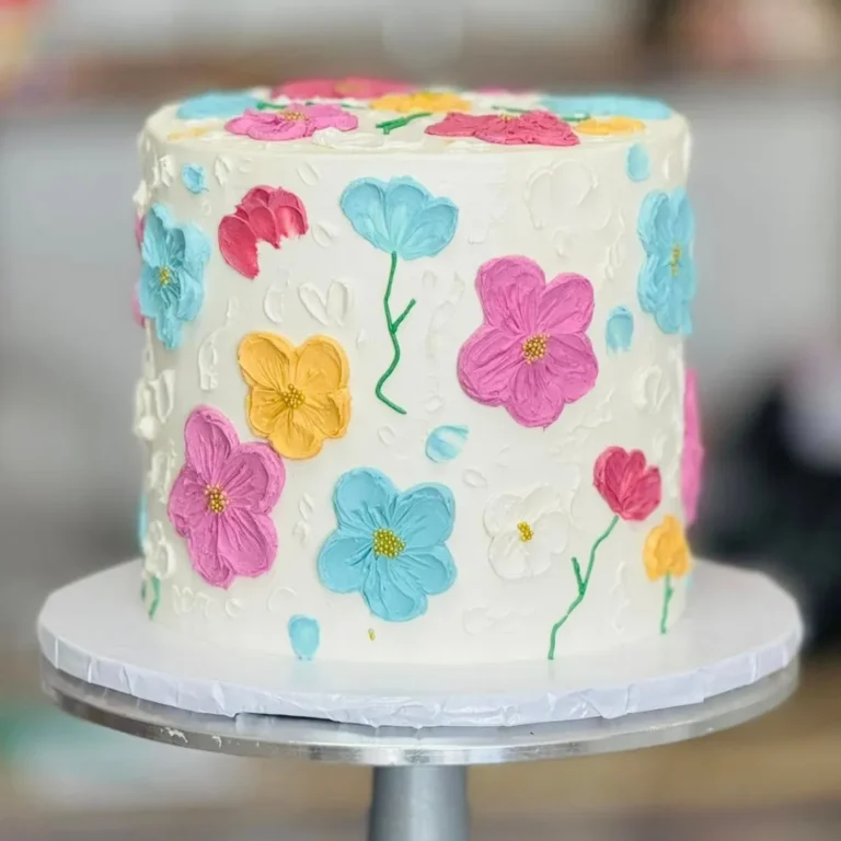 White birthday cake with colorful painted buttercream flowers
