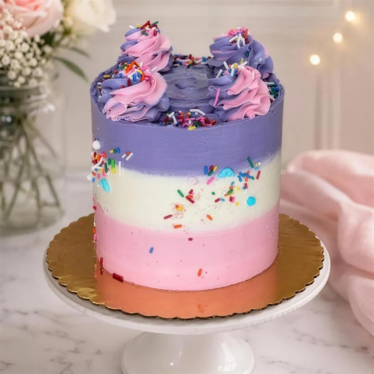Purple, white and pink ombre birthday cake with sprinkles and buttercream swirls