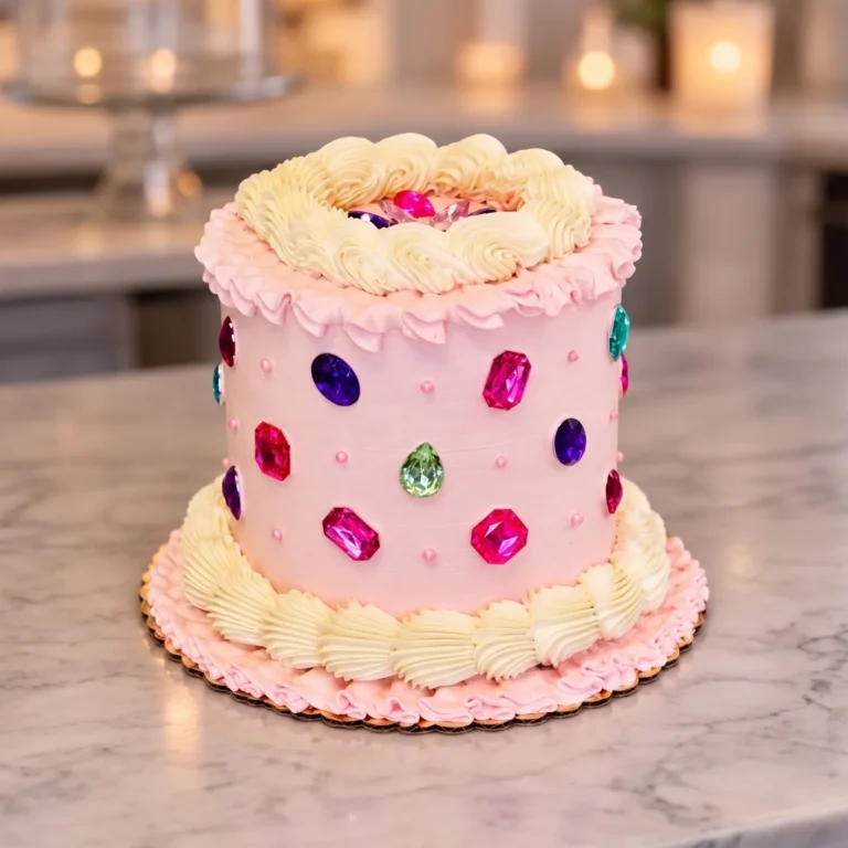 Pink vintage-style cake with cream piped borders and colorful candy jewels