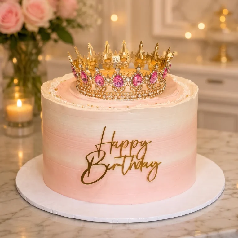 Pink ombre birthday cake with a gold crown with pink jewels and a gold "Happy Birthday" sign