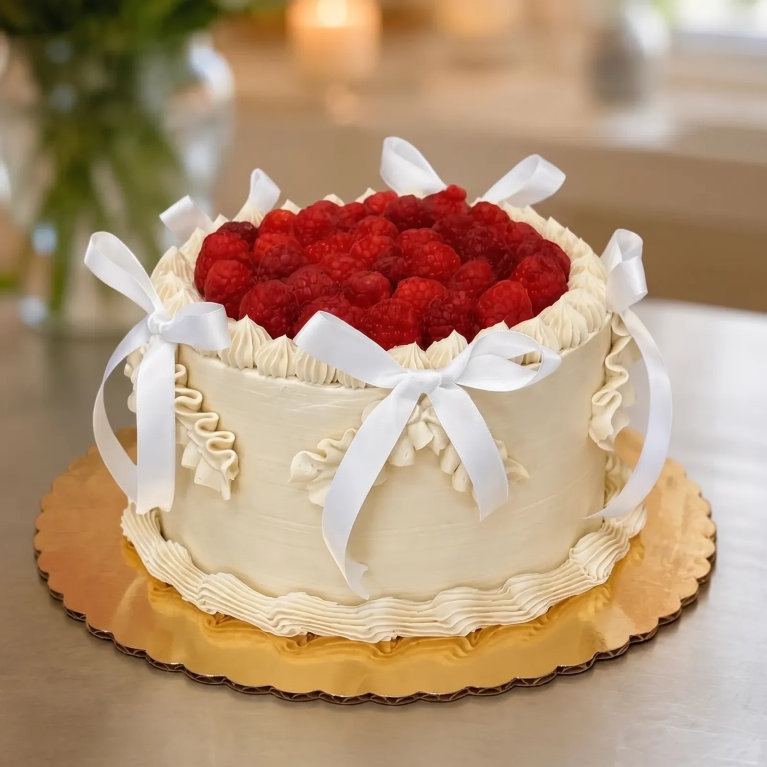 White buttercream cake covered with fresh raspberries and tied with white satin bows