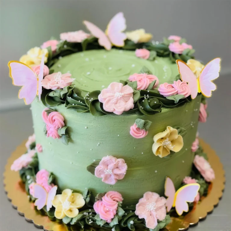 Sage green birthday cake with pink buttercream flowers and butterflies