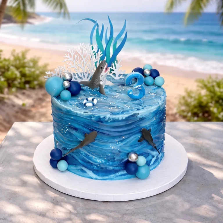 Blue ocean wave birthday cake with sharks, white coral and a number 3 candle