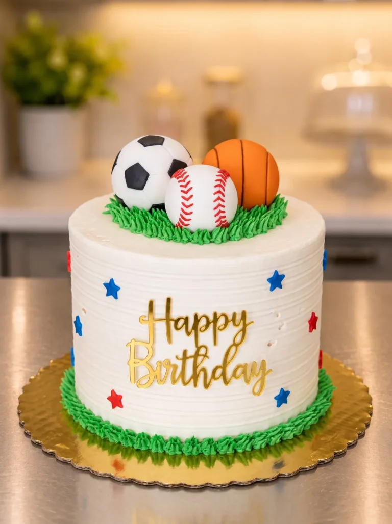White birthday cake with a fondant soccer ball, baseball and basketball, green piped grass and a gold "Happy Birthday" sign