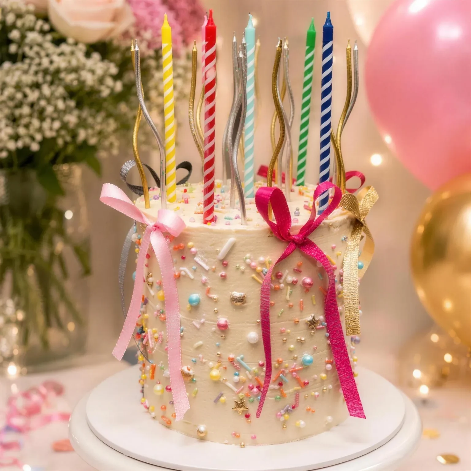 Sprinkle birthday cake with pink ribbons and tall colorful candles