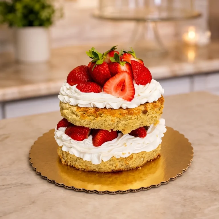 Two-layer naked strawberry shortcake with whipped cream and fresh strawberries