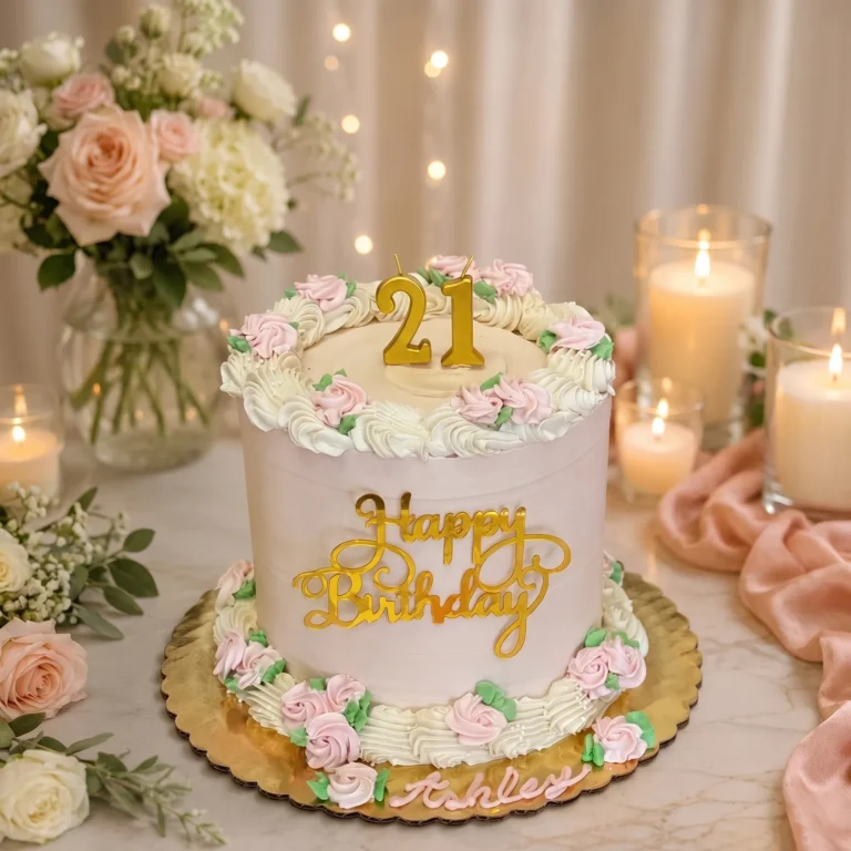 Pink 21st birthday cake with buttercream rosettes, gold 21 candles and the name Ashley
