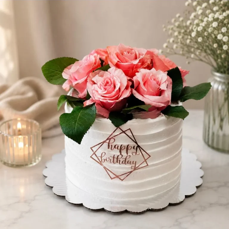 White buttercream birthday cake topped with fresh pink roses and a rose gold "happy birthday" sign