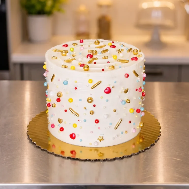 White buttercream cake with gold, red and pastel sprinkles and pearls
