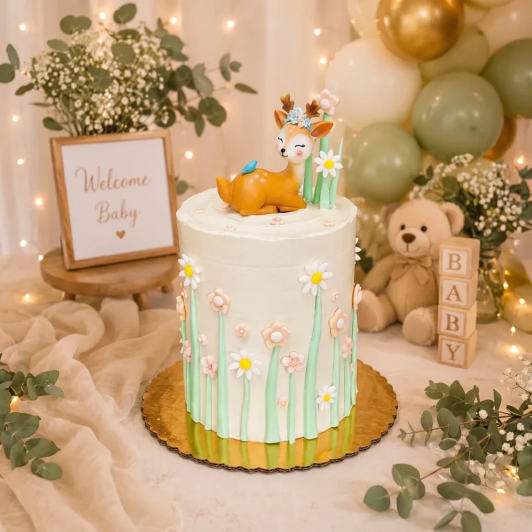 White baby shower cake with a sleeping fawn on top and tall pastel flowers on the sides
